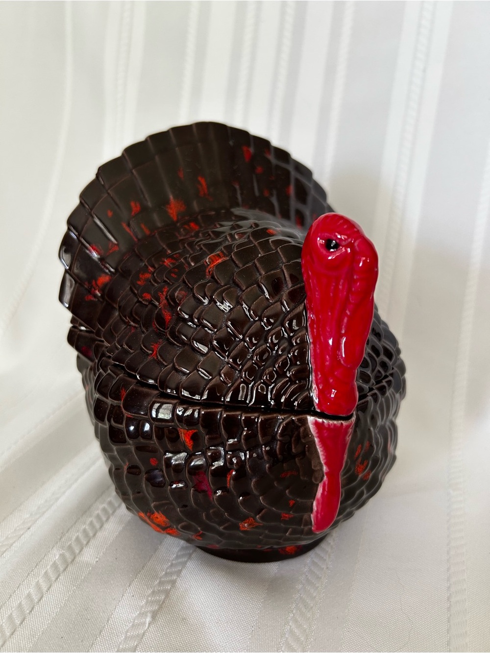 Vintage Ceramic Glazed Turkey Candy Dish Brown Red Hand-Painted Fall Holiday